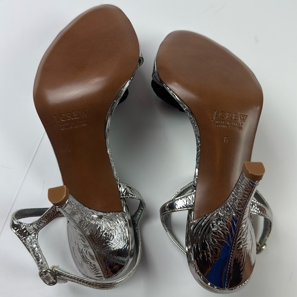 New J.Crew Collection Italian silver sandal heels with navy sequin flower - Picture 6 of 8